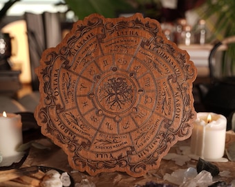 May include: A round, wooden decorative piece with engraved astrological symbols and text. The piece features a central tree design and is surrounded by text indicating seasonal events and zodiac signs. The wood has a warm, natural tone.