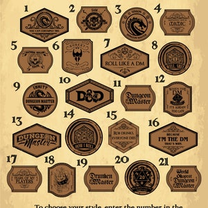 May include: A selection of 21 brown and black designs with a Dungeon & Dragons theme. Each design includes text and graphics, such as dragons, dice, and phrases like "Dungeon Master" and "Roll Like a DM". The text at the bottom says "To choose your style, enter the number in the 'Personalization' column."
