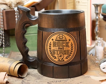 Deep Rock Galactic Mug Gamer Mug | Rock and Stone Engraved Beer Stein | Wooden Tankard Gift for Gamers | Geeky Beer Mug | Inspired Stein