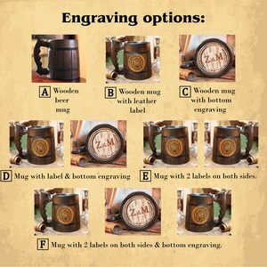 Pode incluir: Uma cole&ccedil;&atilde;o de canecas de cerveja de madeira castanho-escura com v&aacute;rias op&ccedil;&otilde;es de grava&ccedil;&atilde;o rotuladas de A a F. As canecas exibem etiquetas de couro circulares com desenhos e grava&ccedil;&otilde;es no fundo com o texto Z&M.