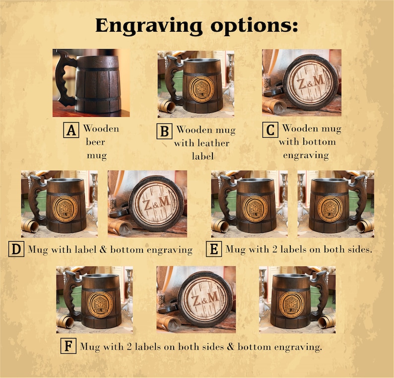 Pode incluir: Uma cole&ccedil;&atilde;o de canecas de cerveja de madeira castanho-escura com v&aacute;rias op&ccedil;&otilde;es de grava&ccedil;&atilde;o rotuladas de A a F. As canecas exibem etiquetas de couro circulares com desenhos e grava&ccedil;&otilde;es no fundo com o texto Z&M.