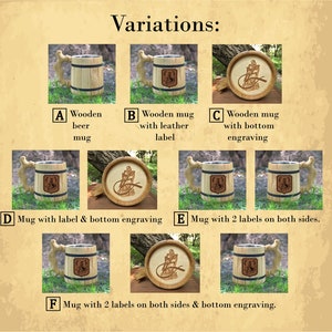 May include: Six variations of a wooden beer mug with different engraving options. The mugs are made of natural wood and have a rustic look. The engravings include a leather label, a bottom engraving, and two labels on both sides. The mugs are perfect for beer lovers and make a great gift.