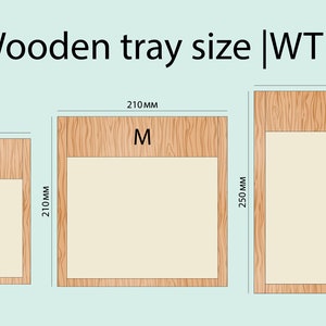 May include: Three wooden trays in different sizes labeled "S", "M", and "L". The trays are 180 mm, 210 mm, and 250 mm in size.