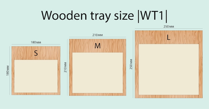 May include: Three wooden trays in different sizes labeled "S", "M", and "L". The trays are 180 mm, 210 mm, and 250 mm in size.