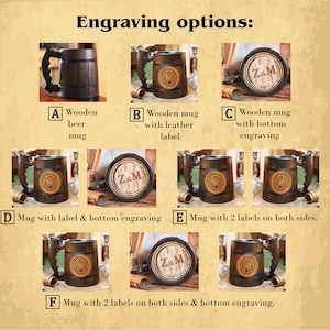 May include: A range of dark wooden beer mugs with different engraving choices. Options include mugs with leather labels, base engravings, and multiple labels. The text "Engraving options:" is displayed at the top of the image.