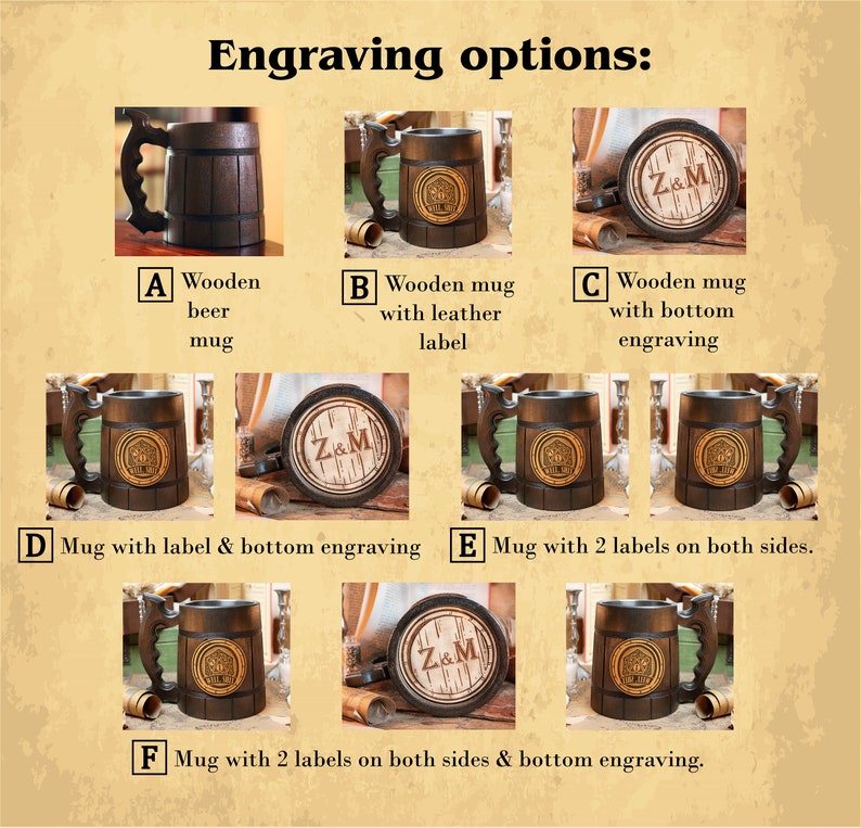 May include: A range of dark wooden beer mugs with different engraving choices. Options include mugs with leather labels, base engravings, and multiple labels. The text "Engraving options:" is displayed at the top of the image.
