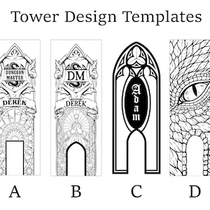 May include: Black and white tower design templates with gothic and fantasy themes. The designs include text that reads "Dungeon Master", "DM", "Derek", and "Adam". The designs also feature a dragon eye and a sunburst.