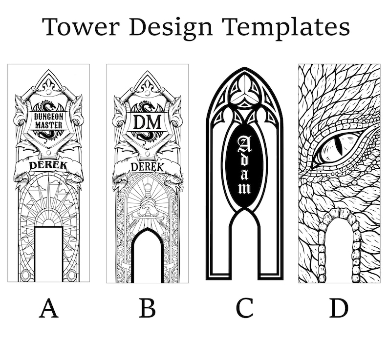 May include: Black and white tower design templates with gothic and fantasy themes. The designs include text that reads "Dungeon Master", "DM", "Derek", and "Adam". The designs also feature a dragon eye and a sunburst.