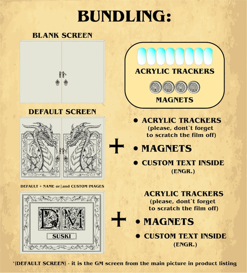 May include: An image showcasing bundling options for a product. It features a blank screen, a default screen with dragon illustrations, and a custom screen with text. Also included are acrylic trackers and magnets. Text on the image reads "BUNDLING:" and "ACRYLIC TRACKERS".