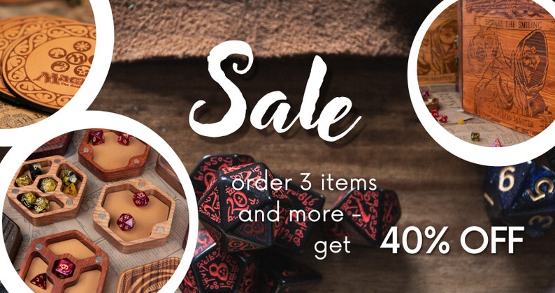 May include: Sale banner with a pile of black and red dice with red numbers. The text reads "Sale, order 3 items and more - get 40% OFF".