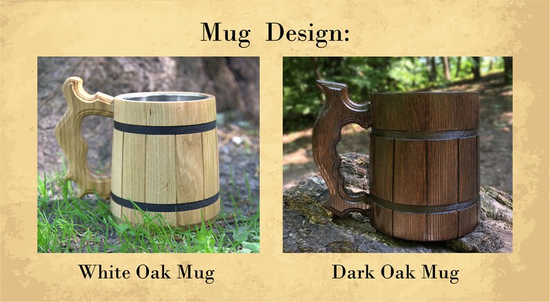 May include: Two wooden mugs with stainless steel interiors. The mug on the left is made of white oak and the mug on the right is made of dark oak. Both mugs have a black band around the middle.