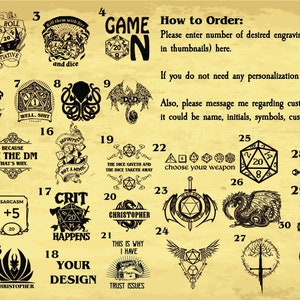 May include: A grid of 30 different designs for custom engraving on tumblers. The designs feature various images and text related to Dungeons and Dragons, including dice, dragons, and mythical creatures. The text includes phrases like "Roll for your life", "Crit Happens", and "Because I'm the DM, that's why."