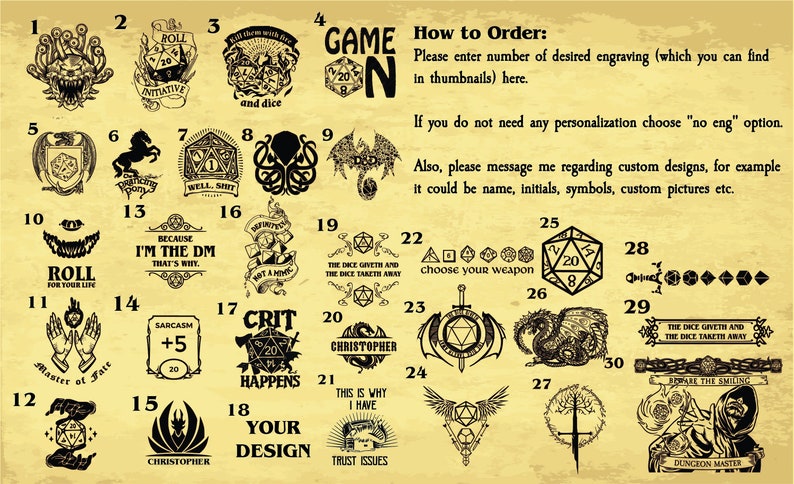 May include: A grid of 30 different designs for custom engraving on tumblers. The designs feature various images and text related to Dungeons and Dragons, including dice, dragons, and mythical creatures. The text includes phrases like "Roll for your life", "Crit Happens", and "Because I'm the DM, that's why."