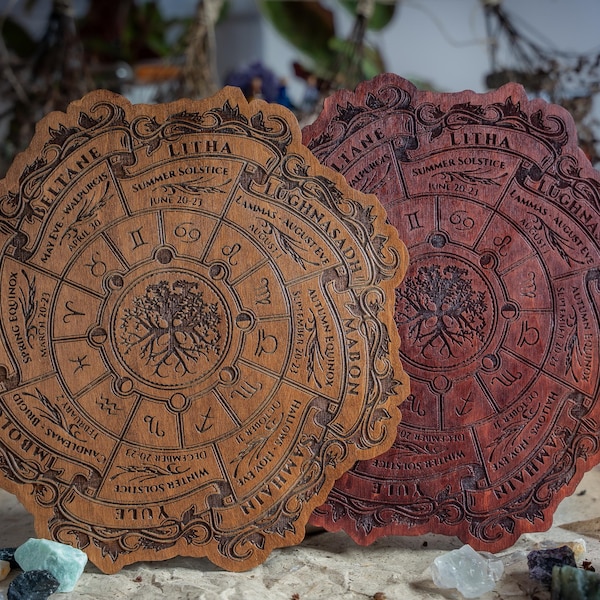 Calendario celta de la Rueda del Año - Letrero de madera pagano vikingo - Decoración de altar wiccan - Planificador de brujas - Regalo de arte mural de brujería