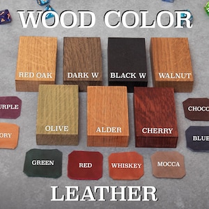 May include: A chart showing different wood and leather colors. The wood colors are: Red Oak, Dark Walnut, Black Walnut, Olive, Alder, Cherry. The leather colors are: Purple, Ivory, Choco, Blue, Green, Red, Whiskey, and Mocca.