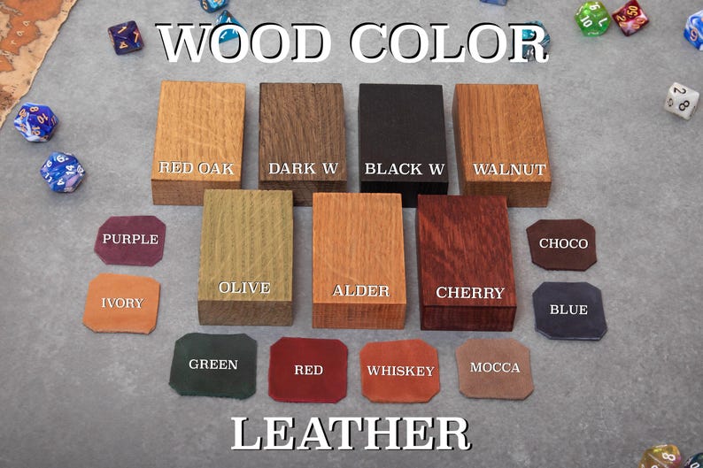 May include: A chart showing different wood and leather colors. The wood colors are: Red Oak, Dark Walnut, Black Walnut, Olive, Alder, Cherry. The leather colors are: Purple, Ivory, Choco, Blue, Green, Red, Whiskey, and Mocca.