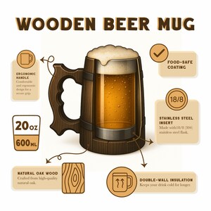 Może przedstawiać: Drewniany kufel do piwa z wkładką ze stali nierdzewnej, izolacją dwuścienną i pojemnością 600 ml. Kufel wykonany jest z naturalnego drewna dębowego i ma wygodny, ergonomiczny uchwyt. Kufel jest bezpieczny dla żywności i zawiera 18/8 stalowy pojemnik.