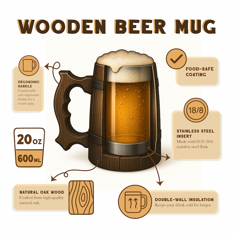 May include: A wooden beer mug with a dark brown finish, filled with beer and foam. The mug has an ergonomic handle and a stainless steel insert. The mug is made of natural oak wood and has a double-wall insulation. The mug holds 600ml of liquid.