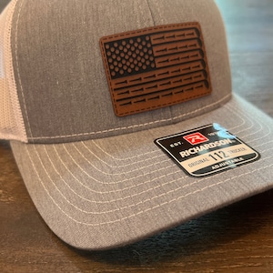 Golf Dad hat gift for Golfer. Richardson 112 trucker golf hat. American Flag Golf Hat. Custom leather patch hat. Laser engraved leather