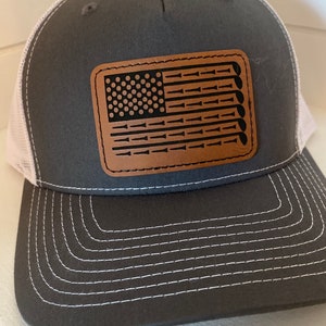 Golf Dad hat gift for Golfer. Richardson 112 trucker golf hat. American Flag Golf Hat. Custom leather patch hat. Laser engraved leather