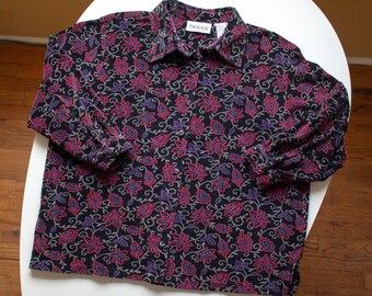 Camisa polar vintage de los 90, roja y morada, con botones, talla XL