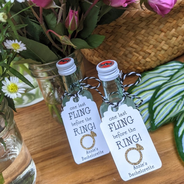 One Last Fling Before the Ring Shot Glass Tags: Custom Bachelorette Party Shot Tag Favors