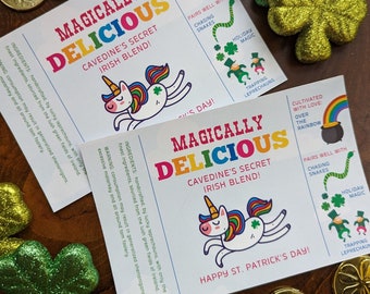 Magically Delicious St. Patrick's Day Unicorn Custom Drink Label