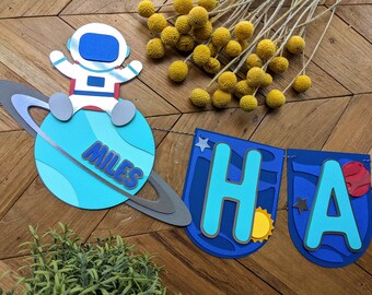 Outer Space Happy Birthday Banner: Space, Rocketship, Moon, Astronaut Birthday Decor