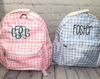 Embroidered Gingham Backpack + Lunchbox, School Bag, Gingham, Pink, Blue