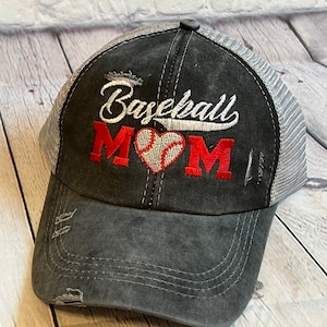 Crisscross Softball Mom Distressed Hat, Baseball Mom Distressed Ponytail Hat