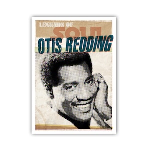 Könnte beinhalten: Ein Vintage-Poster mit einem Schwarzweißfoto von Otis Redding, einem berühmten Soulsänger. Das Poster hat einen braunen Hintergrund mit einem verblassten orangefarbenen und blauen Streifen oben. Der Text "Legends of Soul" ist oben auf dem Poster in Weiß gedruckt, und "Otis Redding" ist unten in Blau gedruckt.