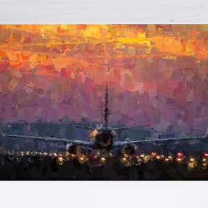 Airplane Painting, Sunset Landing, Canvas Print, Aviation Art, Pilot Gift, Planespotters, Aircraft On The Runway, Airport