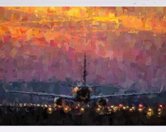 Pintura de avión, Aterrizaje al atardecer, Impresión en lienzo, Arte de aviación, Regalo de piloto, Planespotters, Aeronave en la pista, Aeropuerto