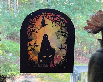 Ghost & crow suncatcher, spooky wooden sun catcher, amazingly unique mystical creepy art gift. Eerie oddity and curiousity! Gift for wife