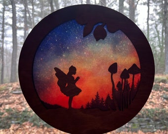 Fairy suncatcher, magical Waldorf silhouette sun catcher, Birthday, Mother's day gift for wife, daughter, mom, friend, mushrooms/toadstools