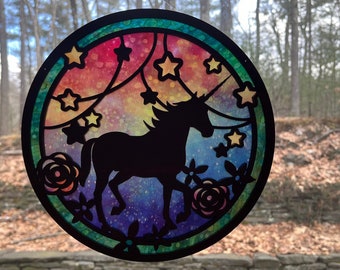 Unicorn suncatcher, magical wood sun catcher stars & flowers for mythical creature nursery decor or children's room art, baby shower gift