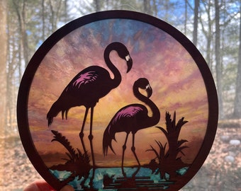 Flamingo suncatcher for window, gorgeous wooden sun catcher window art,Beach decor Miami Florida Birthday gift for mom or daughter