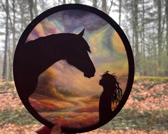 Horse & child girl suncatcher, wood sun catcher, Western birthday mother's day gift for horse lover daughter, mom, grandma, wife, sister