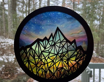 Geometric mountain suncatcher with gorgeous starry night, Wooden mountain range sun catcher. Inspirational birthday gift for wife, mom, dad