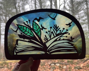 Book with vines suncatcher for window, unique birthday gift for a book lover, librarian, teacher. Waldorf style silhouette art.