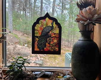 Peacock suncatcher, wooden sun catcher perfect gift for a bird lover, Mother's day or birthday gift for Mom, wife, sister, daughter, friend