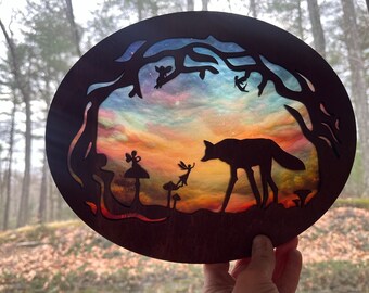 Fox & fairies suncatcher, Waldorf inspired silhouette window sun catcher, birthday, mother's day, housewarming gift for daughter, mom, wife