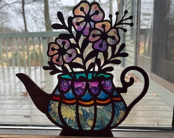 Vintage teapot flower suncatcher for window, gorgeous wood flower sun catcher never loses its beauty! Birthday gift Mom grandma