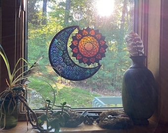 Sun and moon suncatcher boho, wooden sun catcher bohemian style window art, birthday gift for wife, mom, sister, friend, housewarming gift