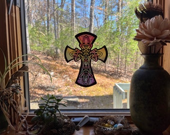 Celtic cross suncatcher, wooden sun catcher w/ floral design, religious Mother’s Day gift for grandma, mom, wife, friend, housewarming gift!