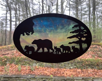 Mama bear & 4 bear cubs suncatcher, birthday gift from daughter, son, husband, for mom, wife, grandma, Waldorf silhouette faux stained glass