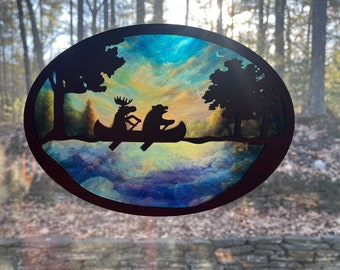 Moose and bear canoeing suncatcher for window, whimsical design adorable cabin decor or a lake house! Mother's day gift for wife, mom, siter