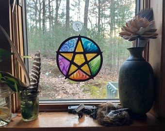 Wiccan/Pagan pentagram suncatcher for window, color elements of nature in this gorgeous wooden sun catcher! Unique gift for a witchy friend