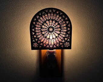 Notre Dame rose window nightlight, faux stained glass gift for mom, wife, grandma for Mother’s Day, birthday, religious baby shower