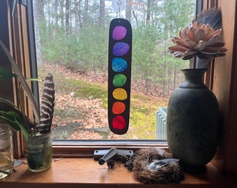 Chakra suncatcher with floral rainbow colors, perfect yoga studio art. Reiki healing wooden chakra sun catcher for window or gay pride decor